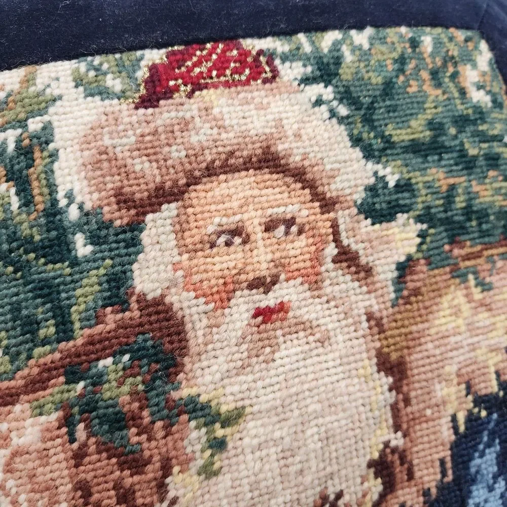 Vintage Christmas Needlepoint Throw Pillows Set 2 Santa Claus Velvet Back Blue